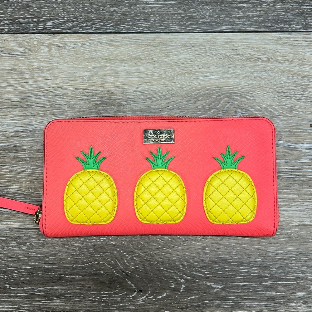Kate Spade Coral Zip Around Wallet with Yellow Pineapples